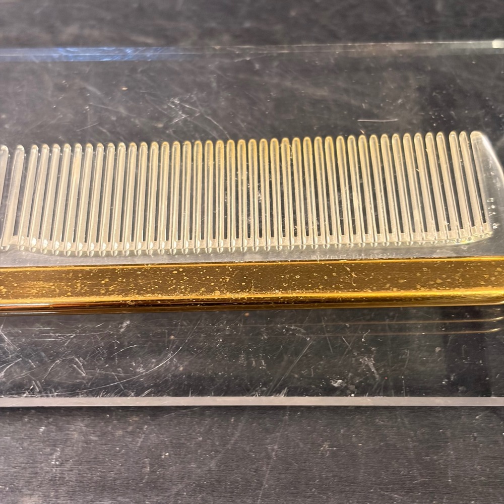 Vintage Lucite Hair Comb Gold Tone Metal Spine Clear Acrylic Made in USA 7 Inch
